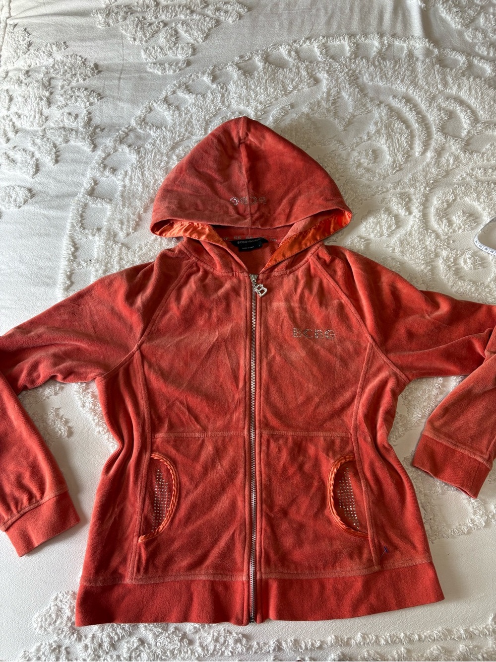 Y2K Rhinestoned BCBGMAXAZRIA orange zip up hoodie